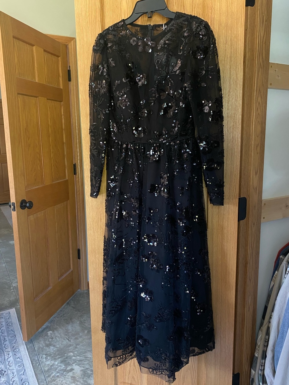 Mac Duggal Black Sequin Floral Embroidered Long Sleeve Gown
